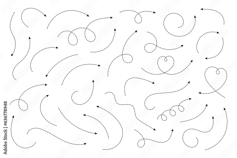Thin curved dotted arrow. Zigzag arrow stripes design with dotted lines. Thin arrows. Vector illustration.