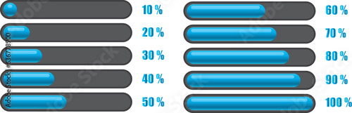 Progress Bar Set of blue color from 10 to 100% indicator and data loading chart. System software update and upgrade concept. Vector Illustration.