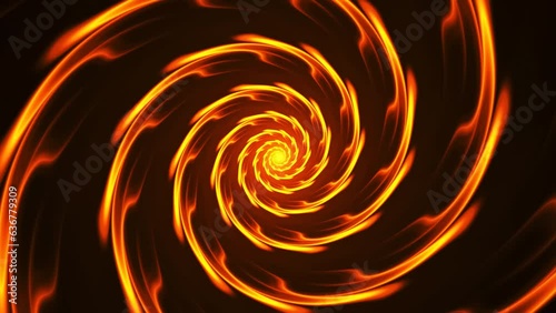 Flamy impulses radiating from centre, revolving and making volute, whirl. Fiery round tunnel circulating clockwise on black. Motion background with red, orange and brown fire waves. 4K UHD 4096x2304 photo