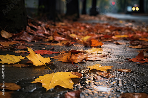 close-up of fallen leaves in the street in autumn, ai generated