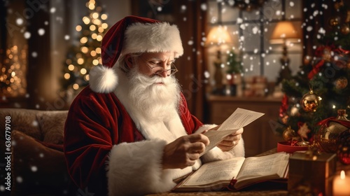 Ai generative of Santa Claus is reading a book. New Year and Christmas holidays. The atmosphere of the holiday. Postcard. Close up view. High quality photo