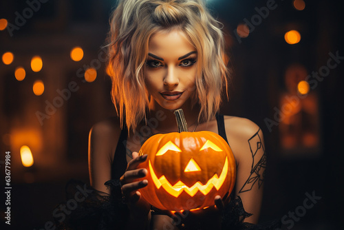 Portrait of beautiful young woman with halloween pumpkin in her hands. sexy woman with halloween pumpkin. halloween costume
