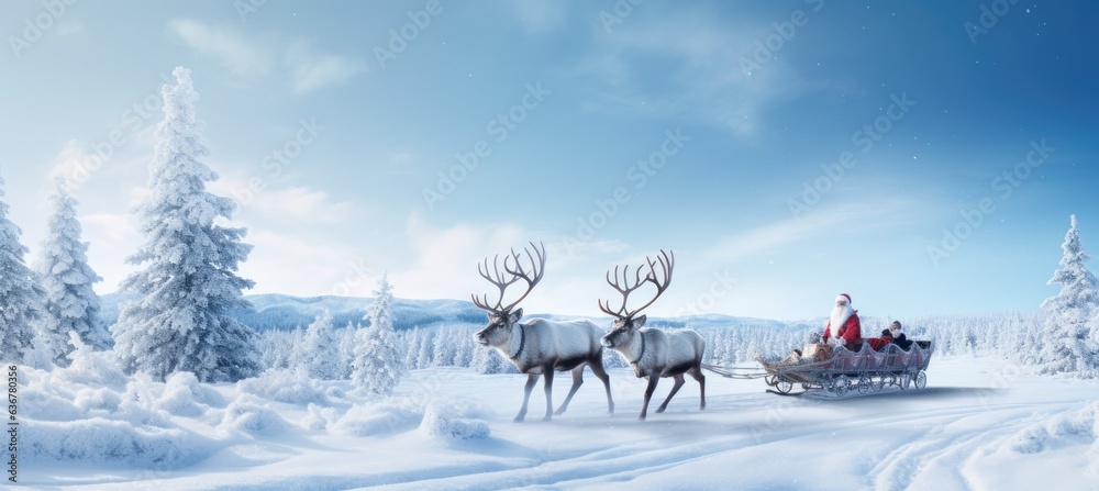 Ai generative of Santa on a sleigh with reindeer rides through the winter forest. New Year's card. Christmas atmosphere. Vintage colors. Ai generative of Santa on a sleigh with reindeer rides through the winter forest. New Year's card. Christmas atmosphere. Vintage colors.