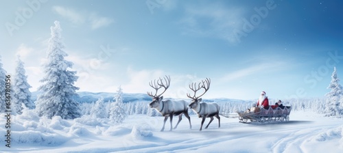 Ai generative of Santa on a sleigh with reindeer rides through the winter forest. New Year's card. Christmas atmosphere. Vintage colors.  © masyastadnikova