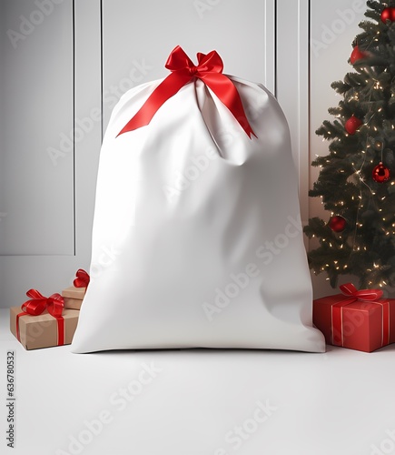 Empty white sack mockup with space for notes on background of christmas tree and gifts. Template for text.