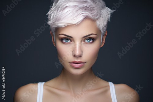 Bold woman portrait with short white hair. Dark background