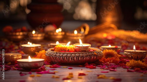 Colorful traditional oil lamps diya lit during diwali celebration. Hindu festival of lights celebration. AI generated