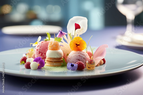 Fototapeta Naklejka Na Ścianę i Meble -  Refined and elegant restaurant cuisine in pastel colors on light background. Generative AI