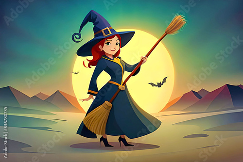 Cute Halloween witch with broom Illustration. Ai Generative