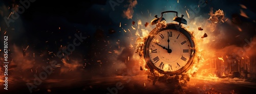 The clock is on fire, time is burning, copy space. Created using generative artificial intelligence technology.