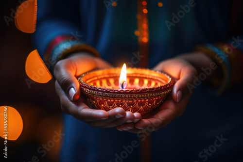Diwali Hindu Festival of lights celebration. Diya oil lamp lit in woman hands. AI generated