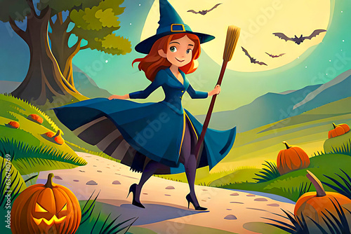 Cute Halloween witch with broom Illustration. Ai Generative photo