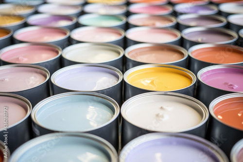 Close up of open paint cans with pastel paint. Generative AI