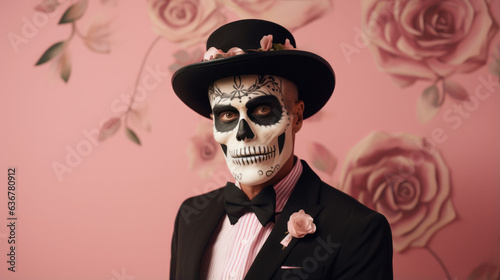 Mexican man with day of the dead makeup, flowers and skull, mexico holiday