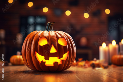 Halloween pumpkin on a wooden table. Halloween decorated room in the background. AI generated © barmaleeva