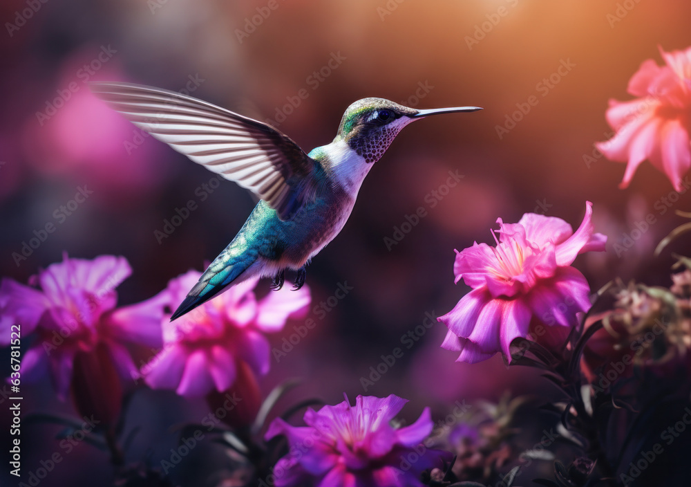Flying hummingbird with green forest in background. Small colorful bird in flight. Flying hummingbird with green forest in background. Small colorful bird in flight.