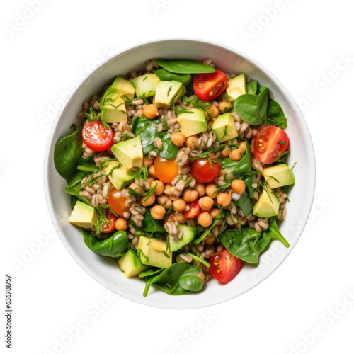 Delicious Bowl of Spinach Salad with Chickpeas, Farro, Avocado and Tomatoes Isolated on a Transparent Background