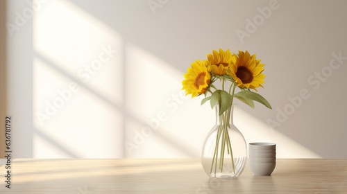  a vase of sunflowers on a table with a cup. generative ai