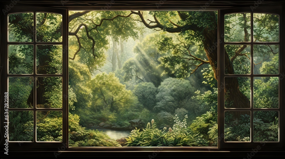 Naklejka premium a painting of a lush green forest is seen through an open window. generative ai