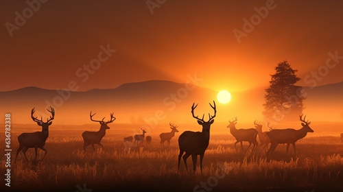  a herd of deer standing on top of a grass covered field. generative ai