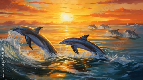  a painting of three dolphins jumping out of the water at sunset. generative ai