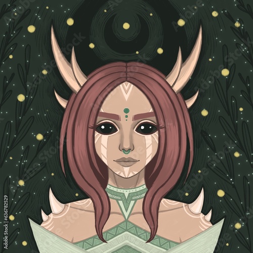 Girl with horns, 2d fantasy illustration, Fantasy book cover illustration, Forest girl