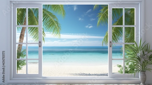  an open window with a view of a beach and palm trees.  generative ai