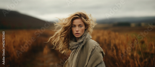 portrait of a blonde white woman with wavy hair posing in a field in autumn / fall