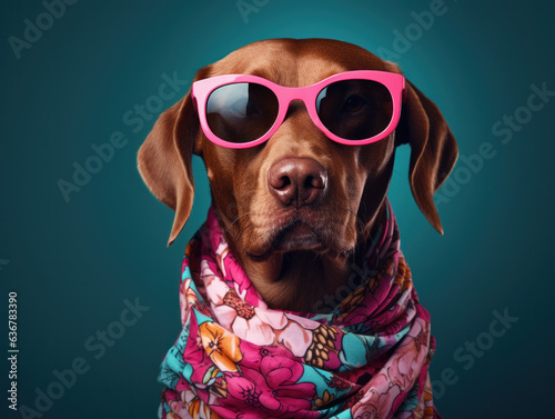 Cool looking Beagle dog wearing funky fashion scarf, glasses. Wide banner with space for text right side. Stylish animal posing as supermodel.