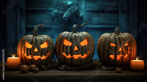 Three scary Halloween Pumpkins On Wood In a dark castle room
