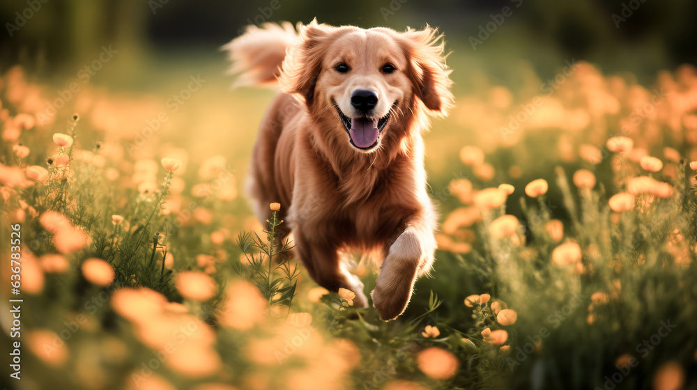 He watches the golden retriever joyfully running through the field.