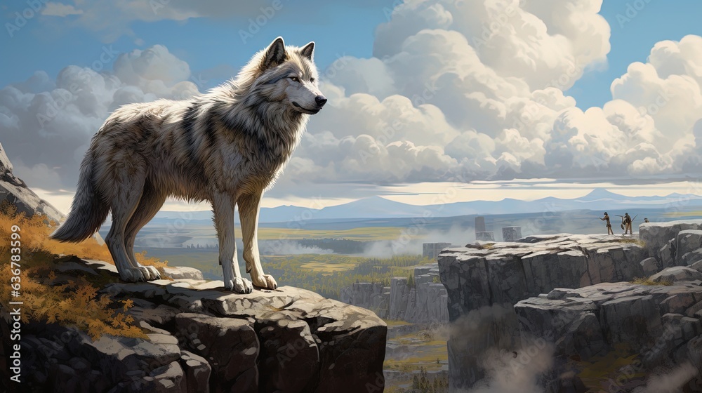 Fototapeta premium a painting of a wolf standing on top of a cliff. generative ai