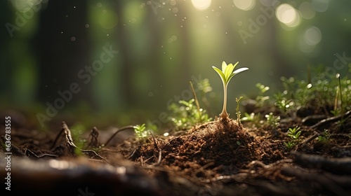  a small plant sprouts from the ground in a forest. generative ai