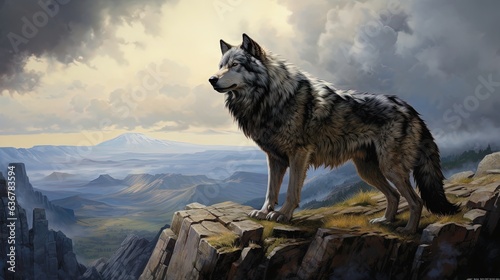  a painting of a wolf standing on top of a mountain.  generative ai © Anna