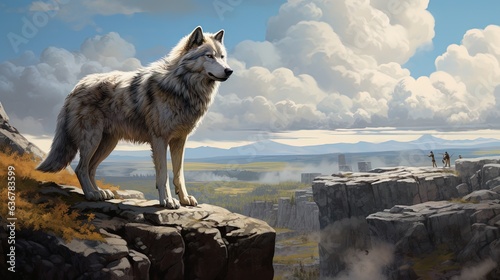  a painting of a wolf standing on top of a cliff. generative ai