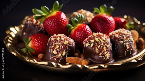  a plate of chocolate covered strawberries and almonds on a table.  generative ai