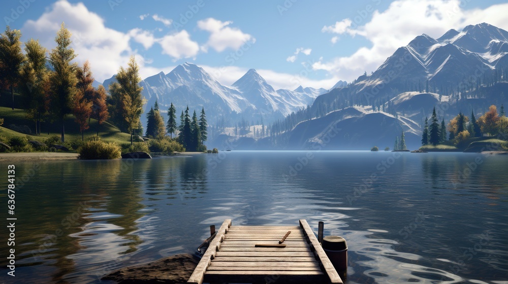  a wooden dock sitting on top of a lake next to a forest.  generative ai