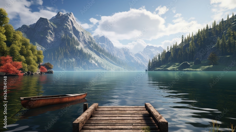  a painting of a mountain lake with a dock and a boat.  generative ai