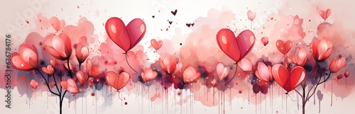 Romantic background illustration, trees decorated with pink hearts. drawing with couple on a date, banner with copy space. Concept: love and valentine's day. 