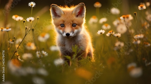  a little fox is standing in a field of daisies. generative ai