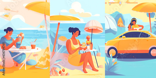 A set of illustrations depicting summer family holidays and weekend activities. Ideal for creating posters, cards and social media graphics. Includes various scenes such as trips to the beach,