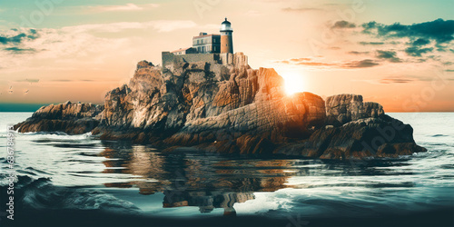 A collage of cut out photos with vintage toning for a surreal effect. Includes an image of a fortress with a seascape and cliffs at sunset. Represents Dada minimalism and distinctive art.