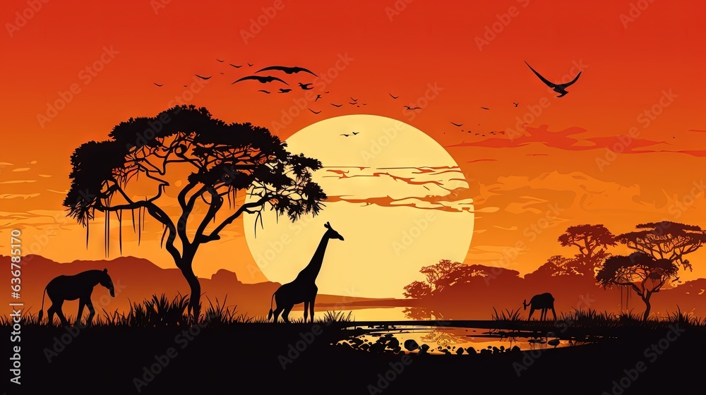  a giraffe and a giraffe standing in front of a sunset.  generative ai