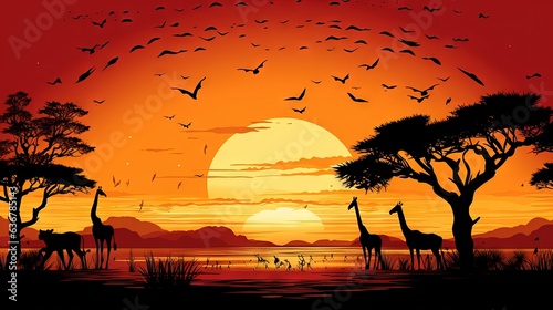  a sunset scene with giraffes and birds in the foreground.  generative ai