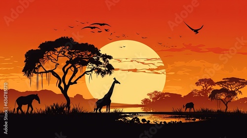  a giraffe and a giraffe standing in front of a sunset. generative ai