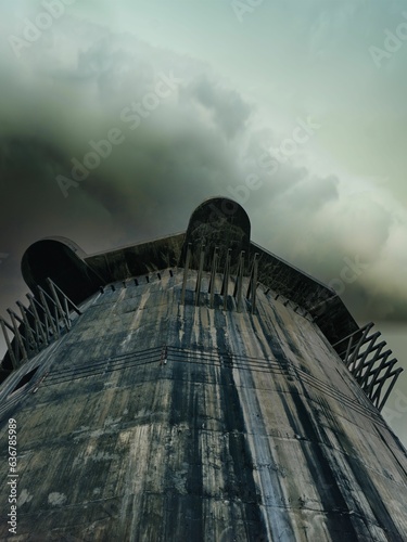 Low angle view of the imposing Flak tower under a cloudy sky