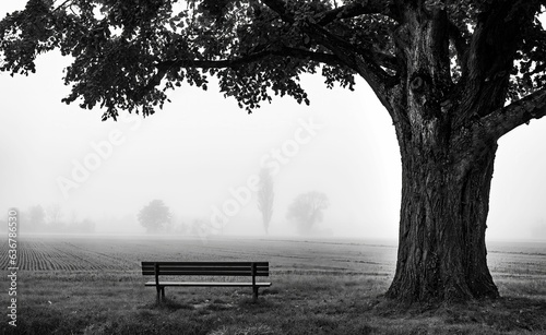 Greyscale shot of a single wooden park bench in a rolling green field under a lonely tree photo