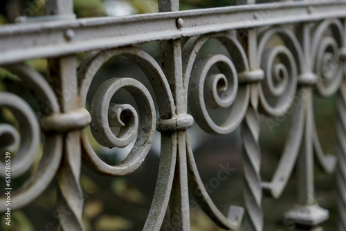 Close-up shot of a metal wrought fence set in a natural park setting with greenery in the background