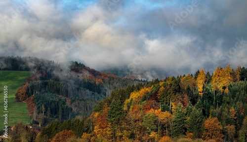 Breathtaking landscape of rolling hills, with trees in the background and fluffy fog in the sky