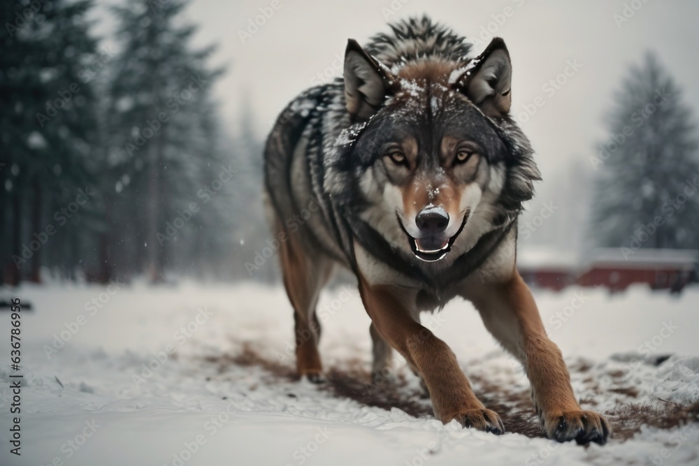 angry wolk in the snow, winter animal portrait, close up angry wolk in the snow, winter animal portrait, close up